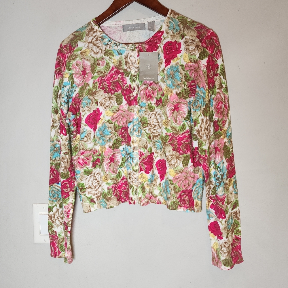 Liz‎ Claiborne 100% Cotton Floral Button Sweater Cardigan Size Large New NWOTS